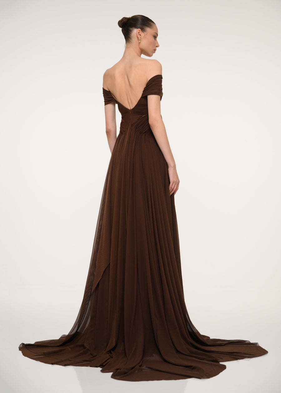 Brown Off-Shoulder Pleated Dress