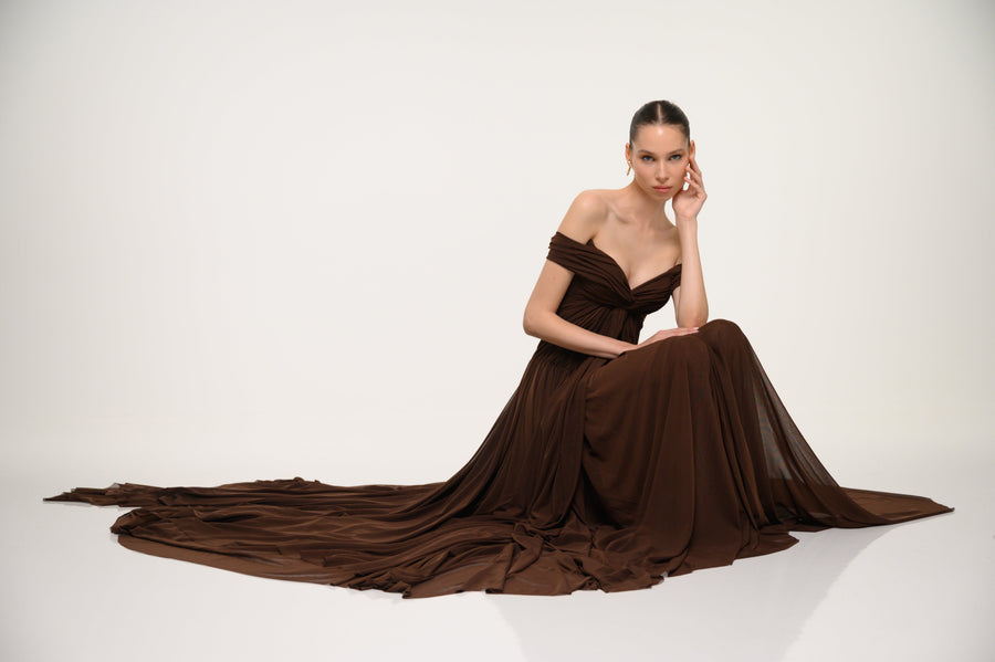 Brown Off-Shoulder Pleated Dress