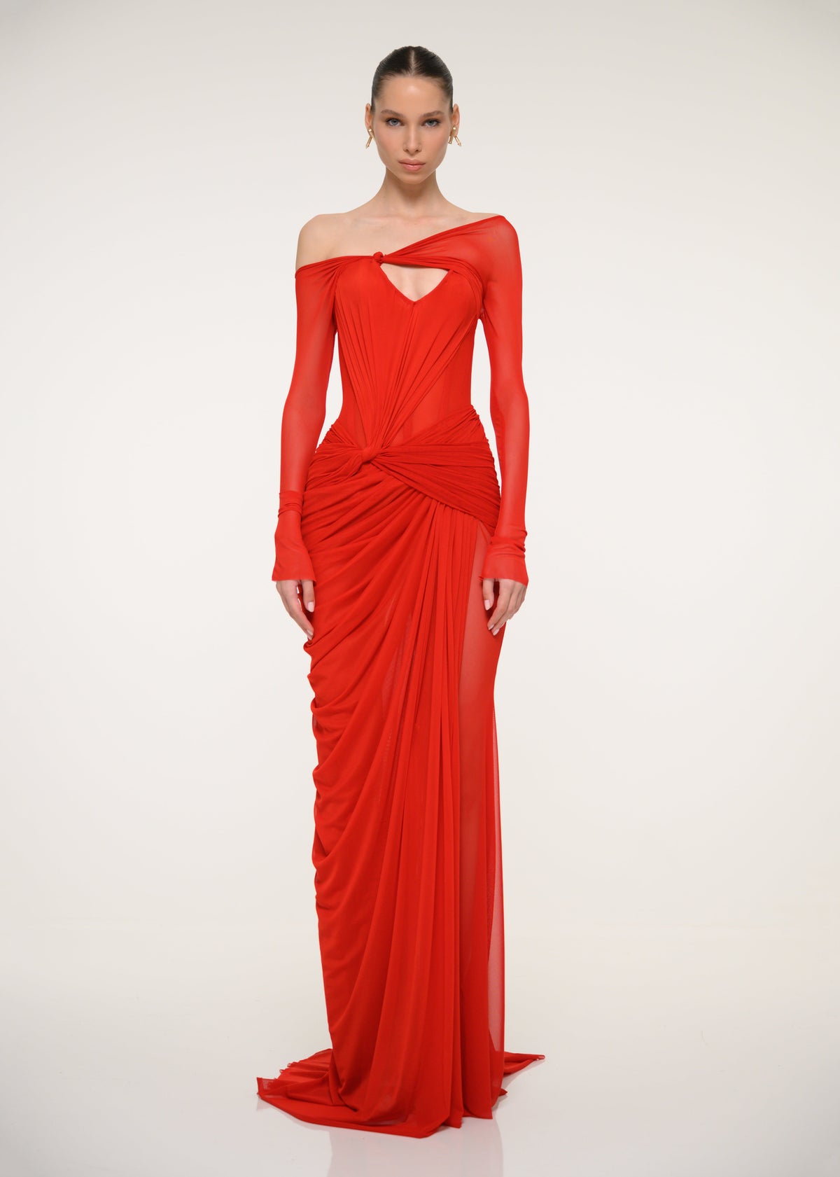 Red Ruched Maxi Dress with Off-Shoulder