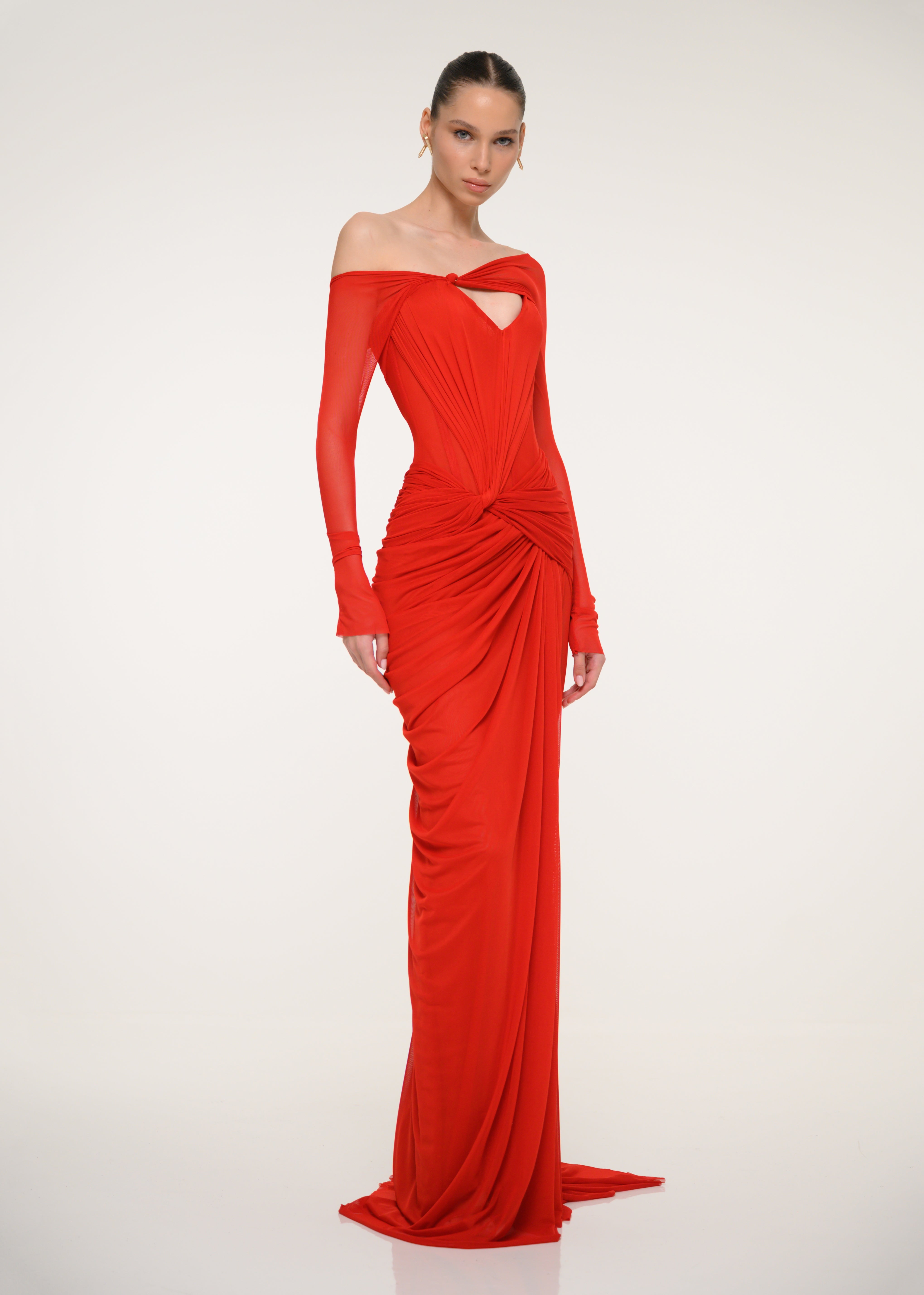 Red Ruched Maxi Dress with Off-Shoulder