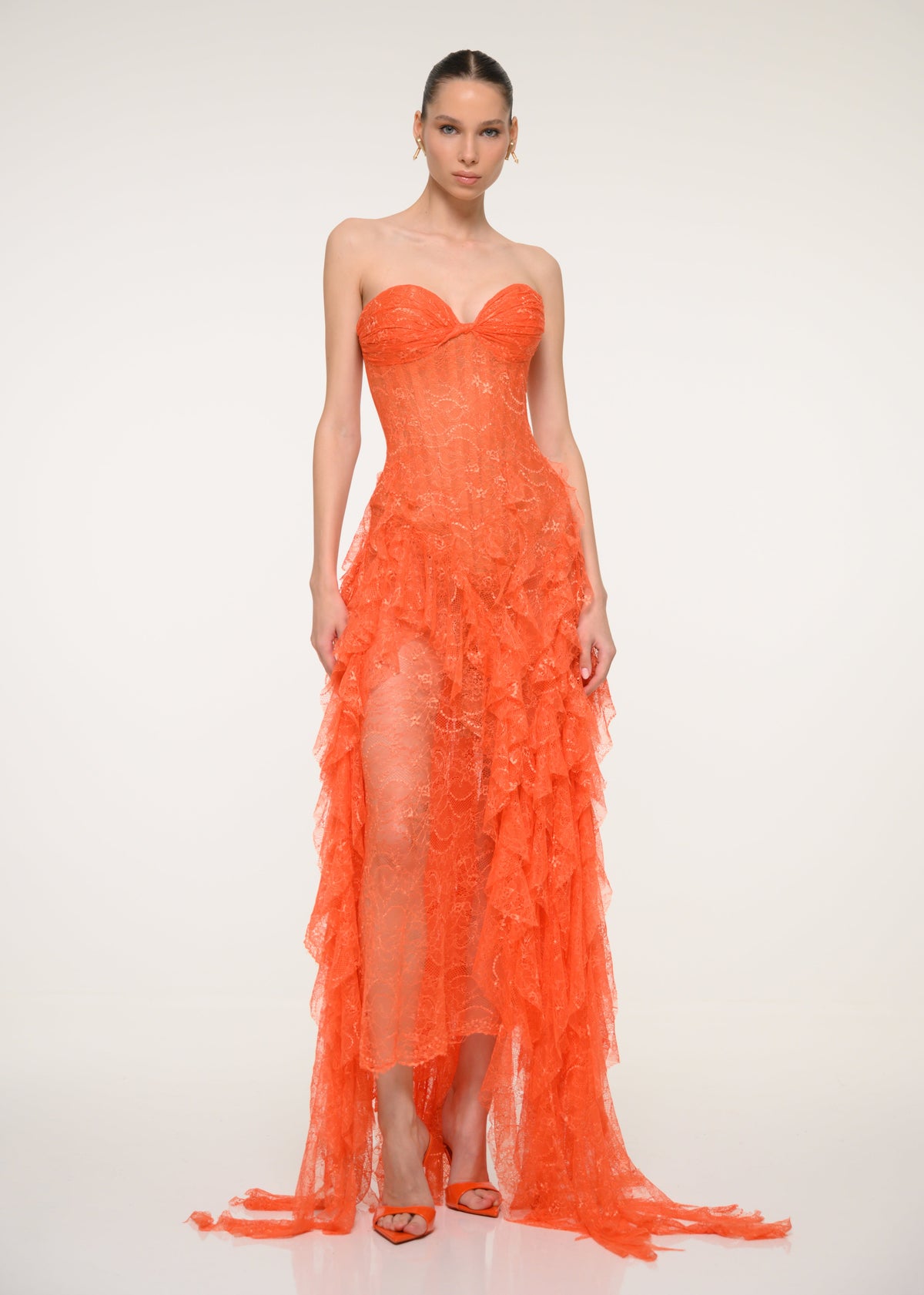 Orange Floral Lace Strapless Dress