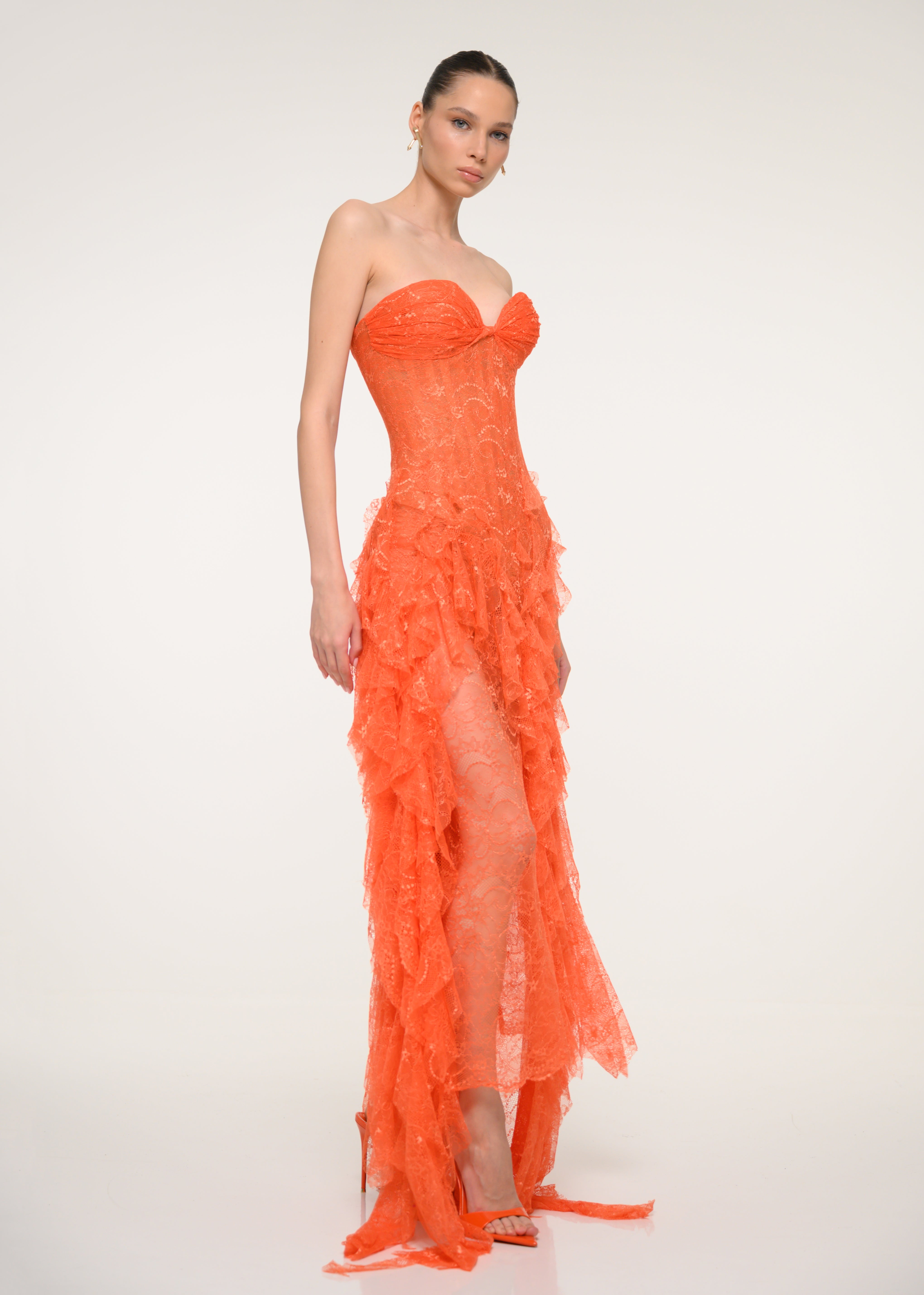 Orange Floral Lace Strapless Dress