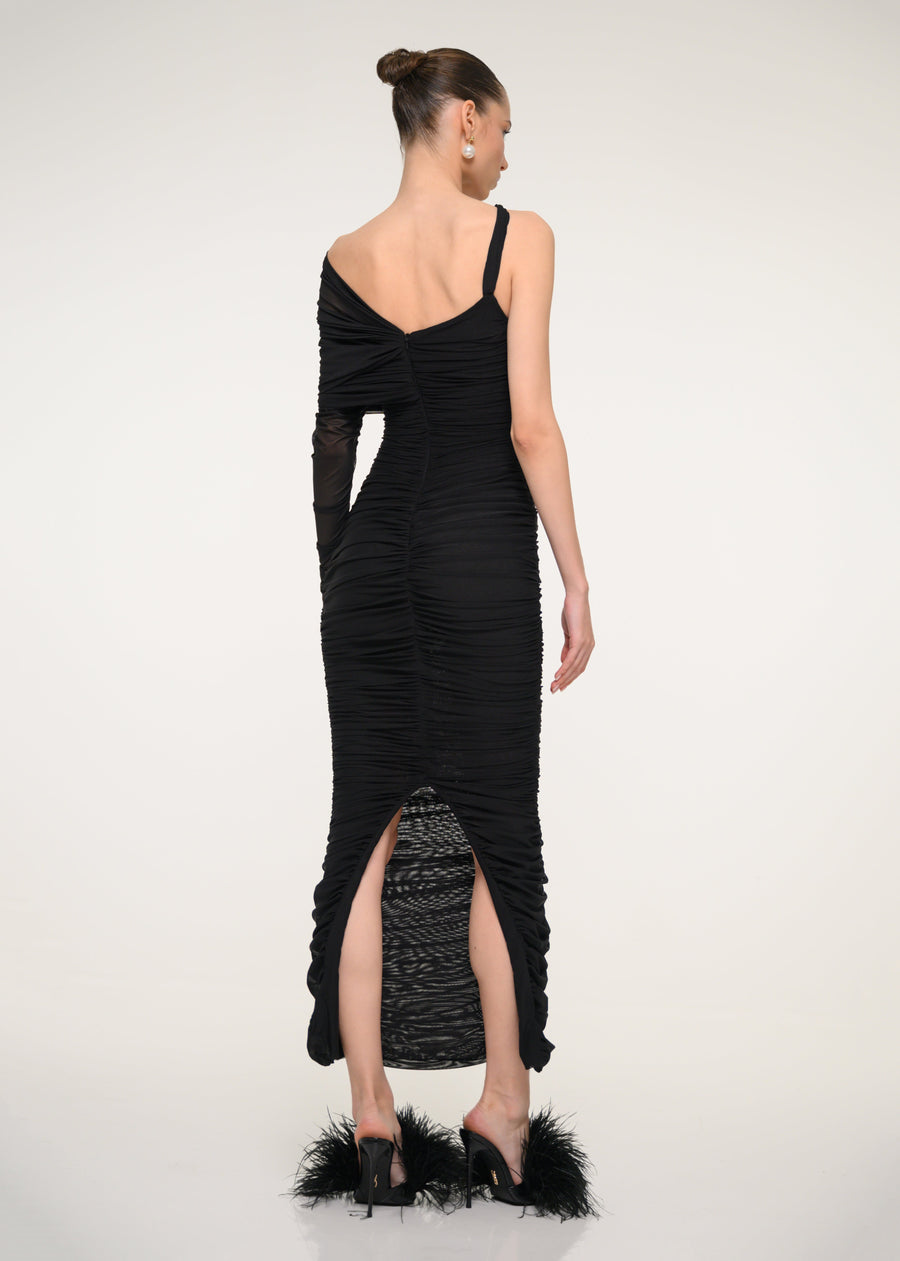 Black One-Shoulder Ruched Midi Dress