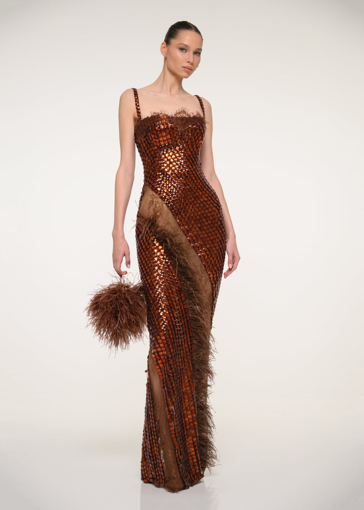 Bronze Sequin Strapless Dress with Feather Detail