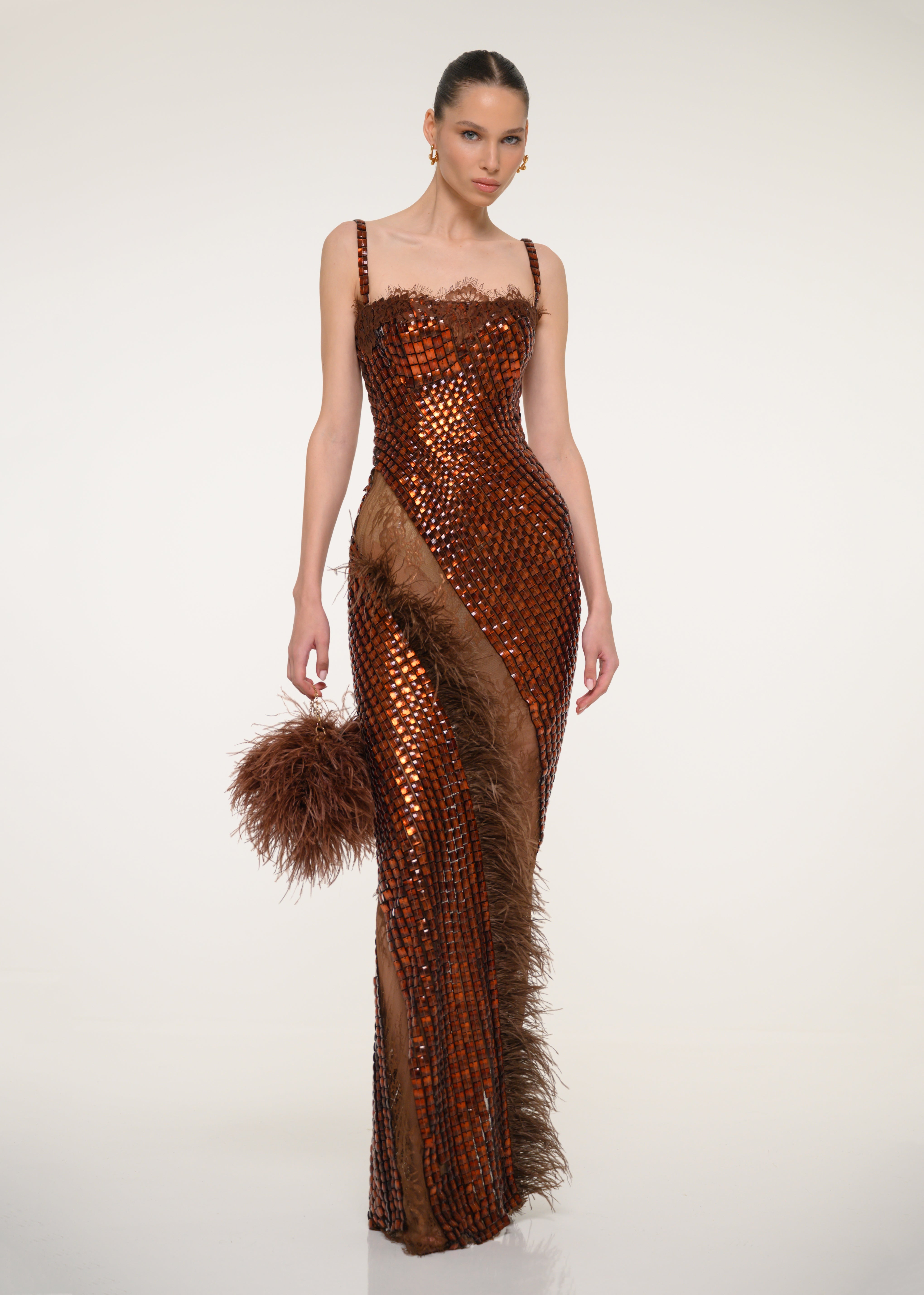 Bronze Sequin Strapless Dress with Feather Detail
