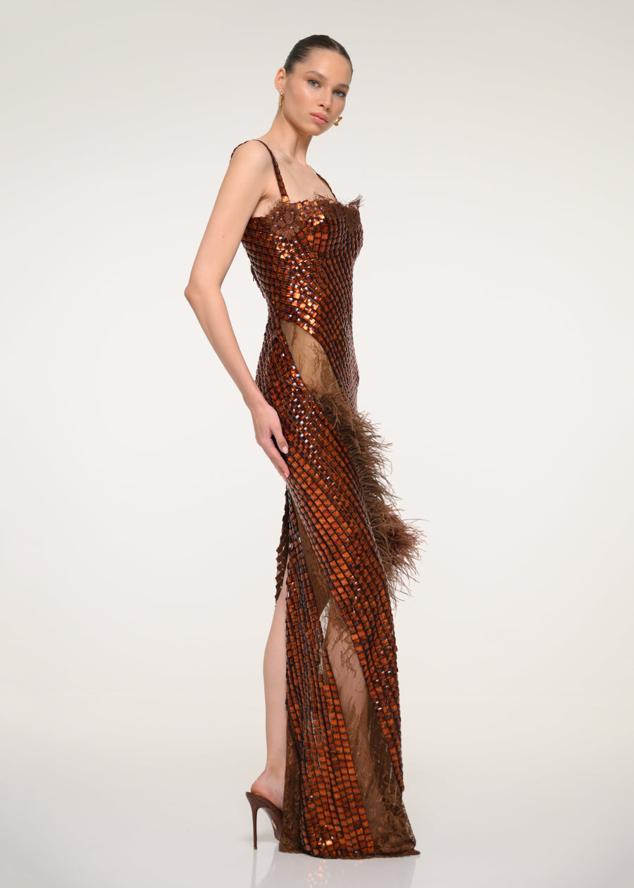 Bronze Sequin Strapless Dress with Feather Detail