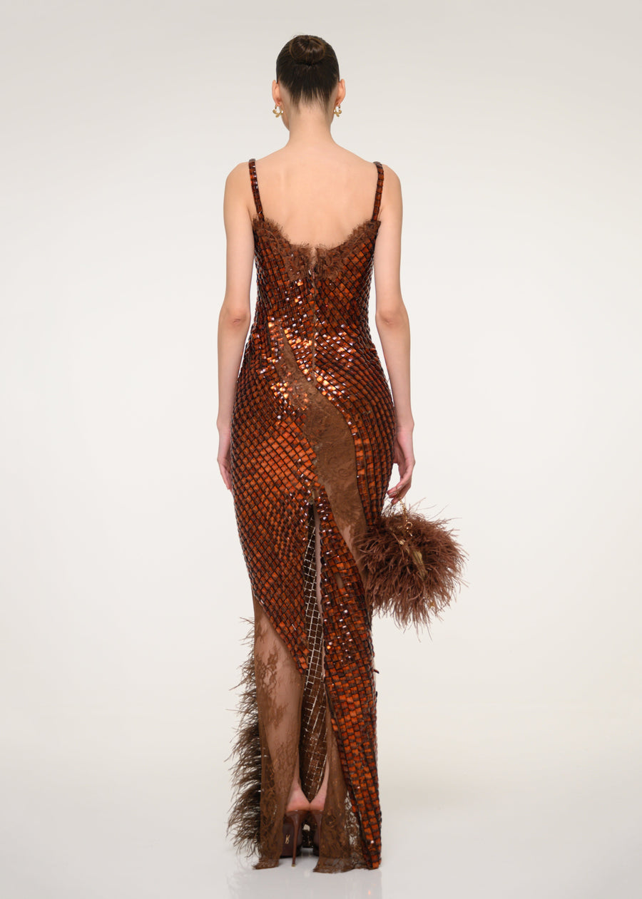 Bronze Sequin Strapless Dress with Feather Detail