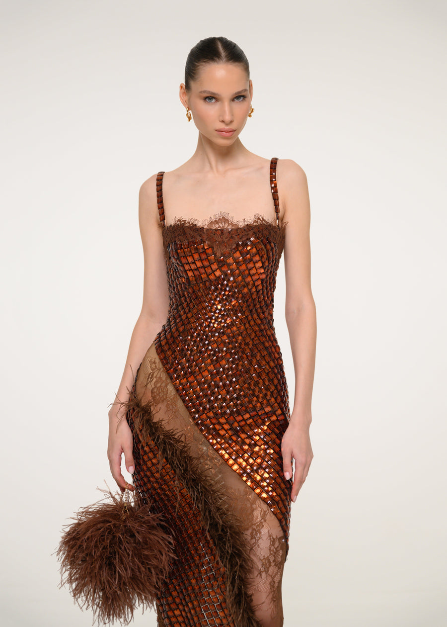 Bronze Sequin Strapless Dress with Feather Detail