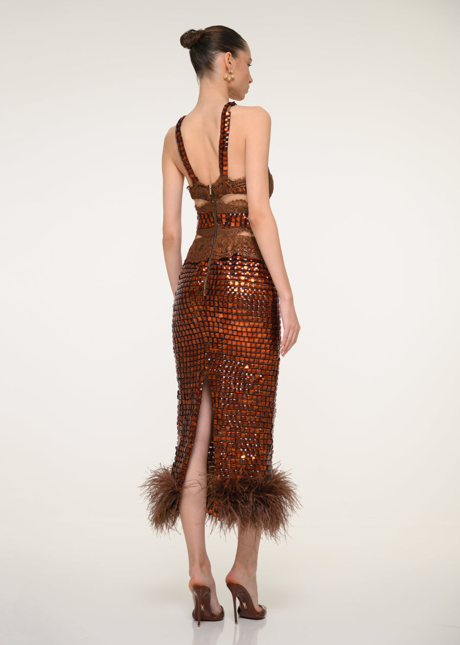 Bronze Sequin Midi Dress with Feathers
