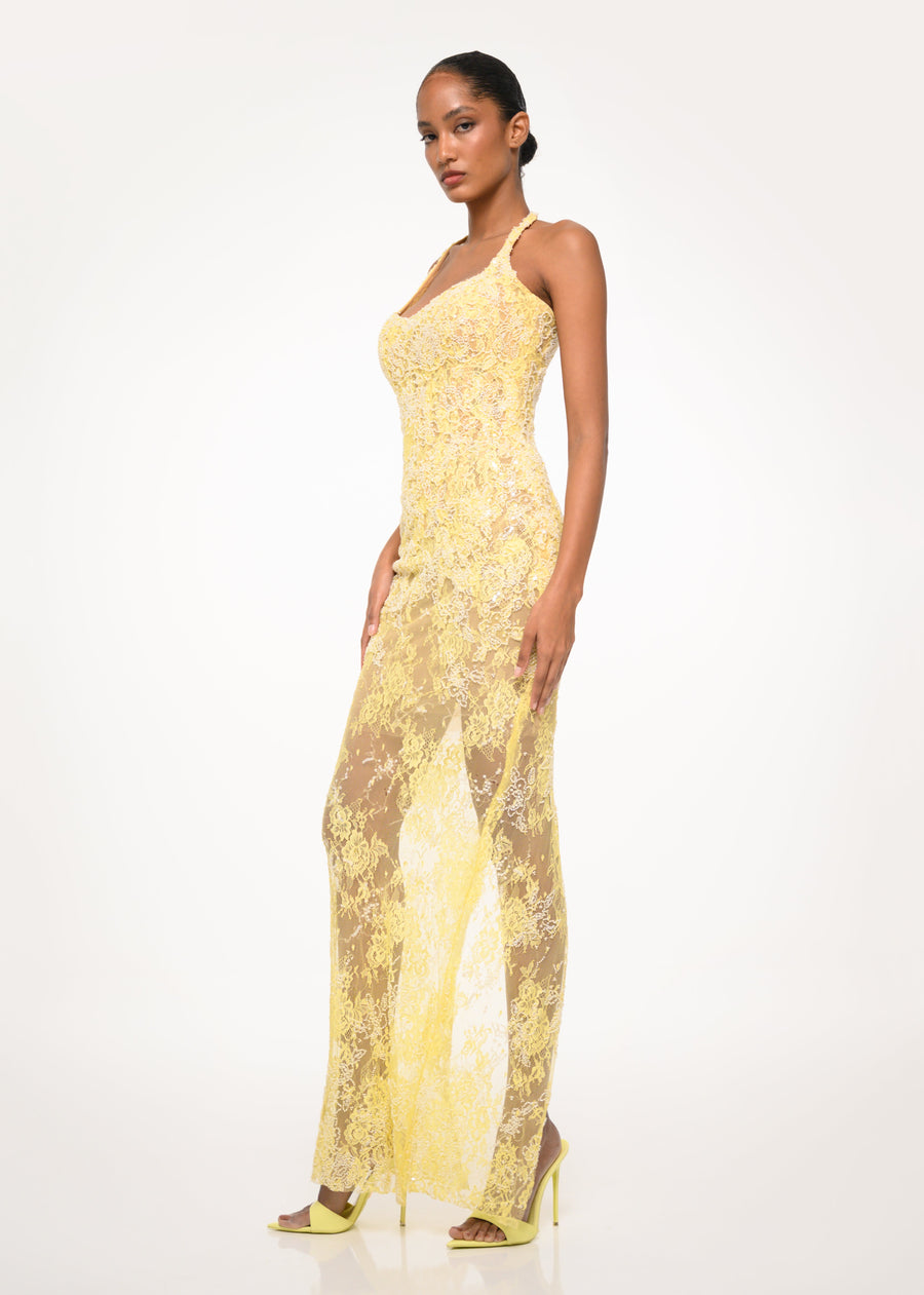 Yellow Lace Sheer Dress