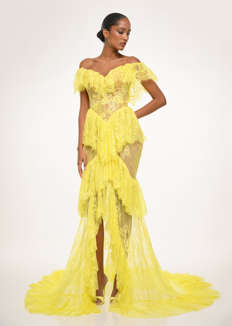 Yellow Lace Off-Shoulder Gown
