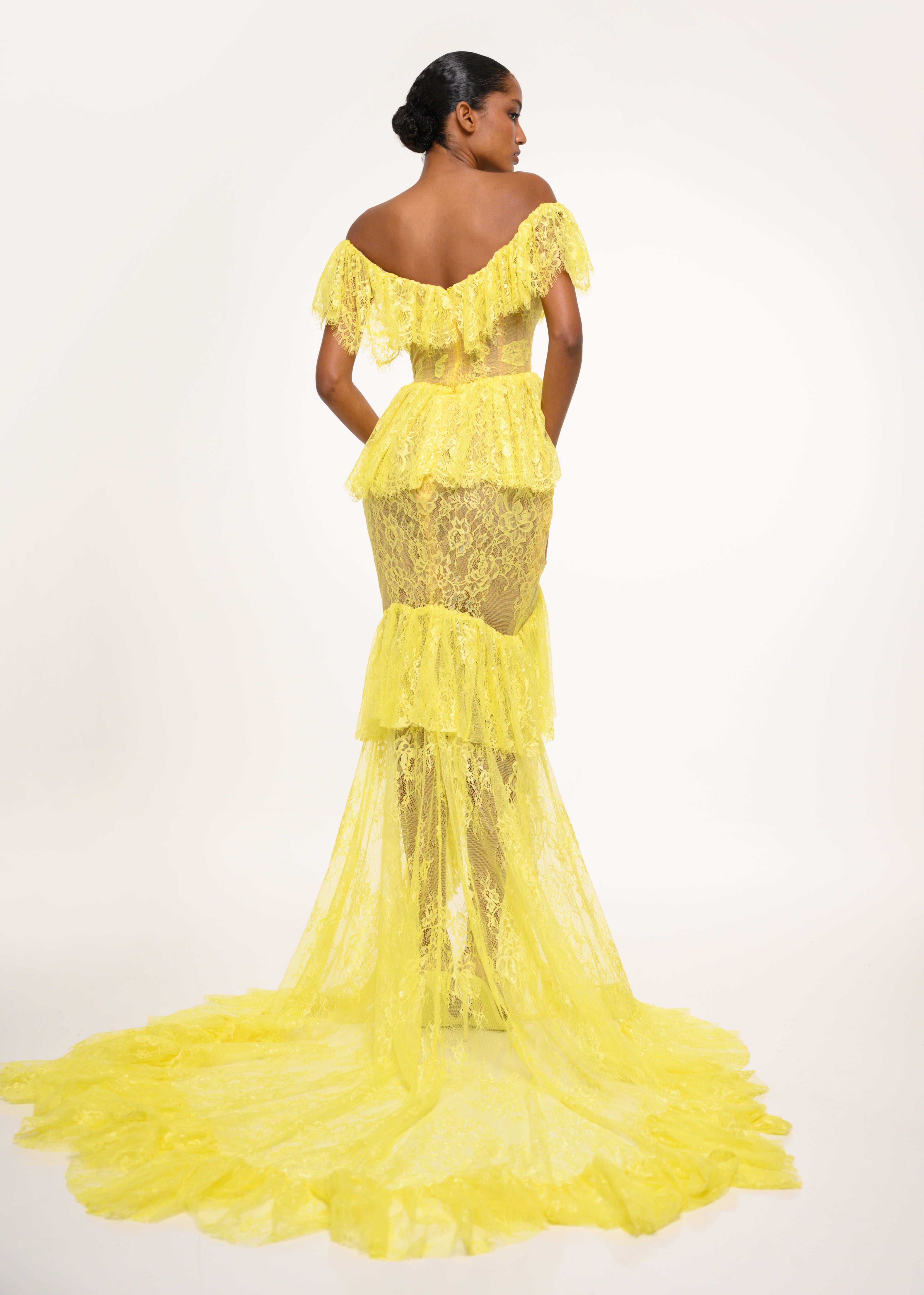 Yellow Lace Off-Shoulder Gown