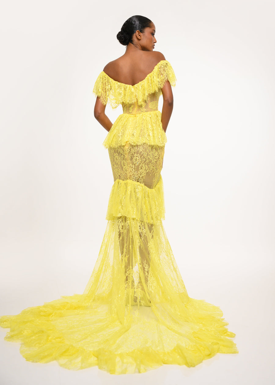 Yellow Lace Off-Shoulder Gown