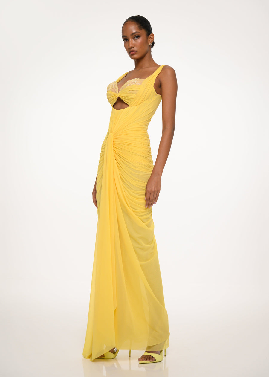 Yellow Draped Cutout Dress