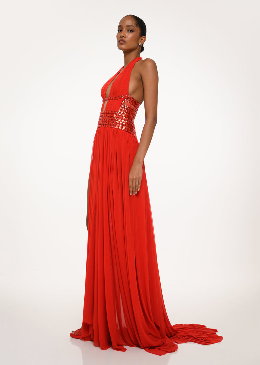 Red Mirror Halter Dress