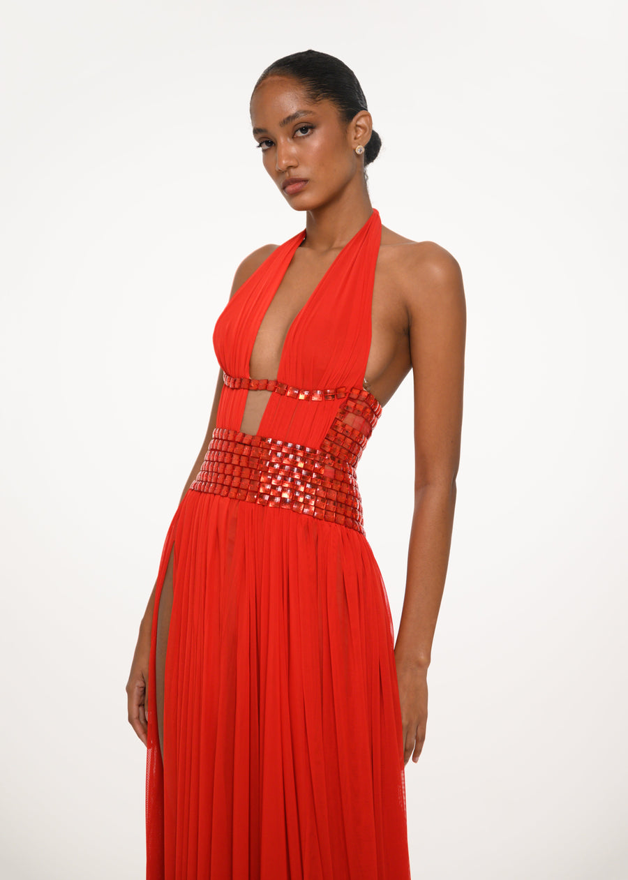 Red Mirror Halter Dress
