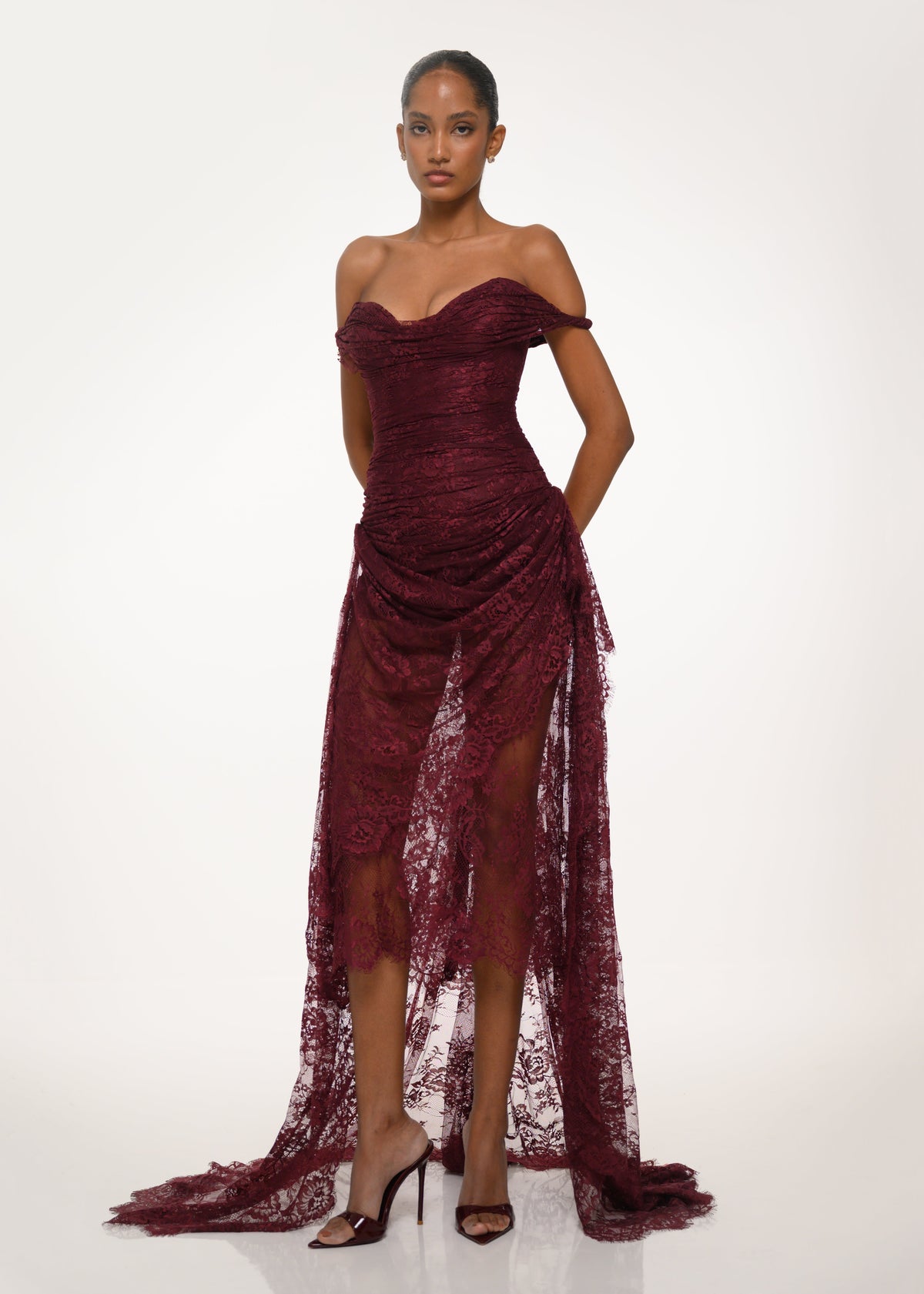 Burgundy Off-Shoulder Lace Dress