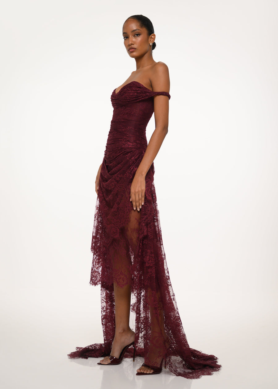 Burgundy Off-Shoulder Lace Dress