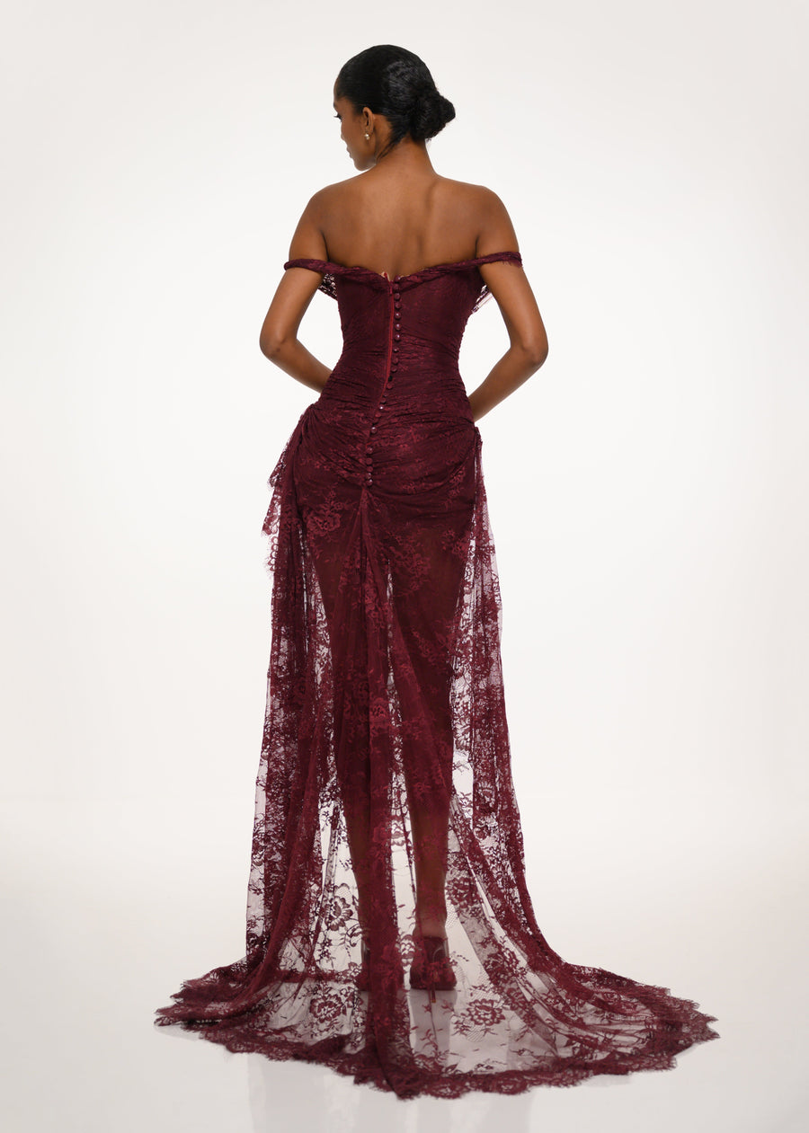 Burgundy Off-Shoulder Lace Dress