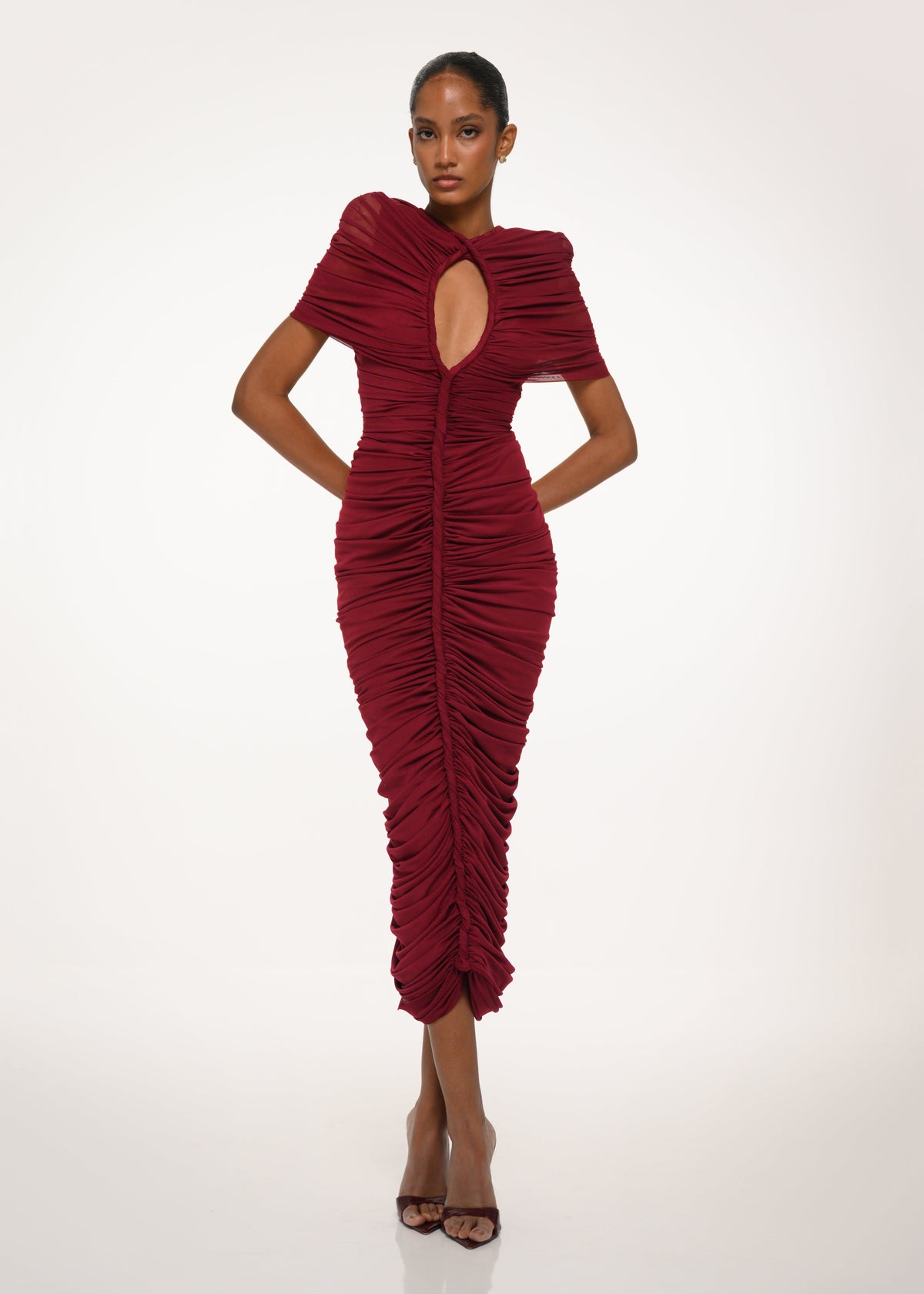 Burgundy Ruched Midi Dress