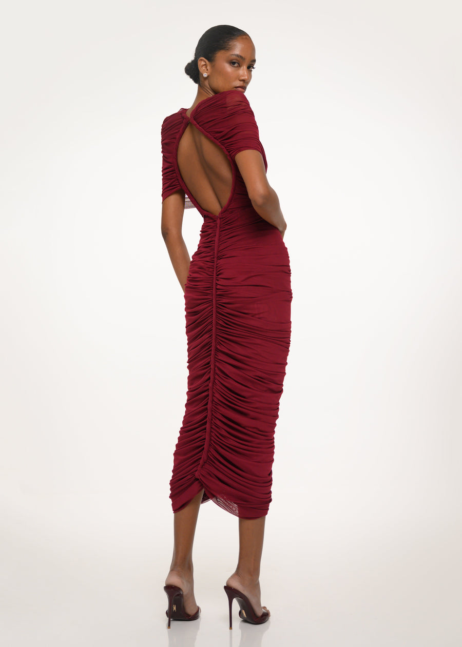 Burgundy Ruched Midi Dress