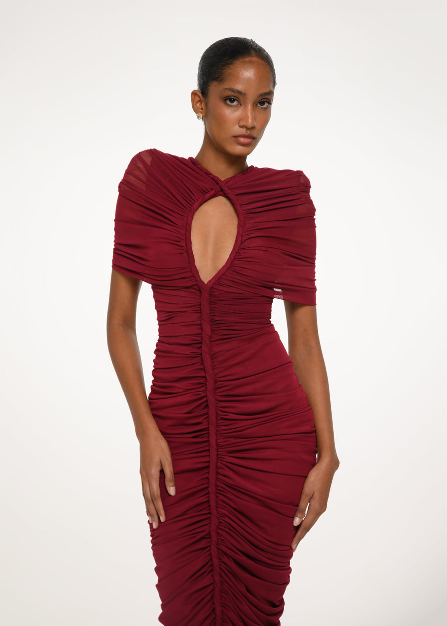 Burgundy Ruched Midi Dress
