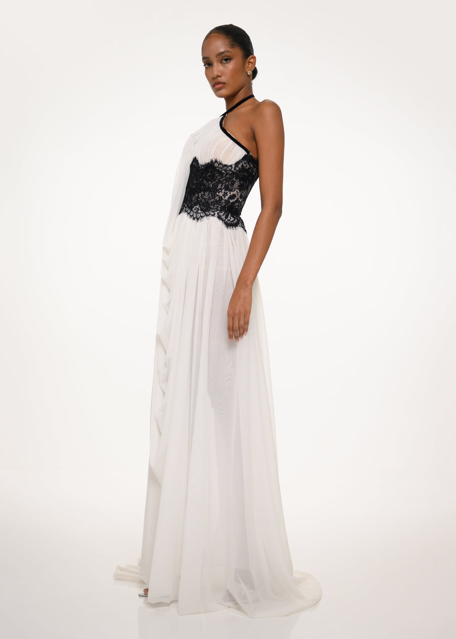 White and Black Draped Dress